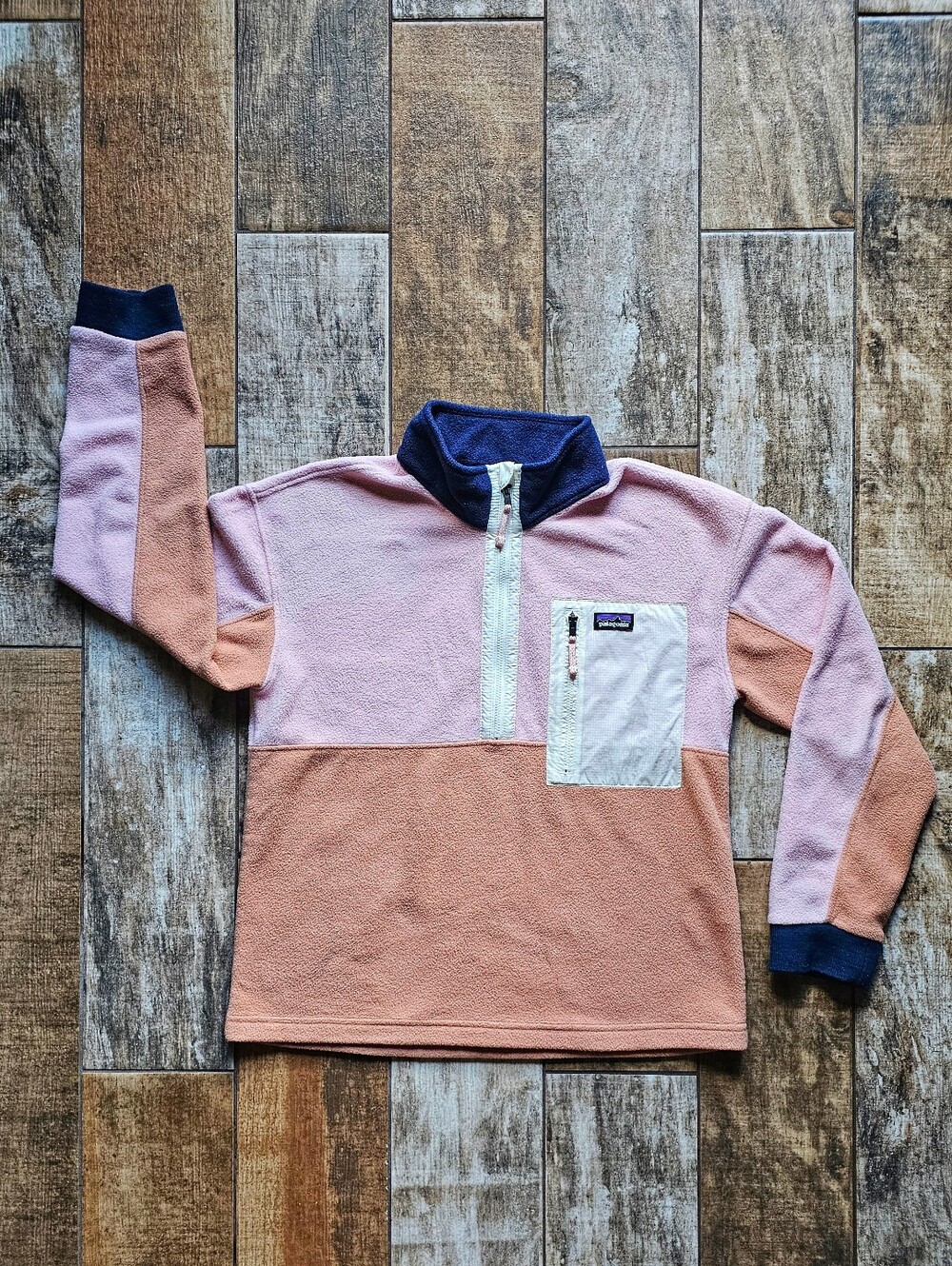Patagonia XL Kids Colorblock Half-Zip Pullover in Pink, Peach & Navy EUC